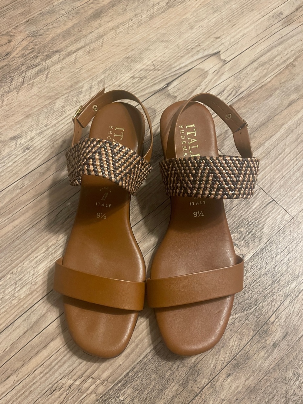 Italian Shoemakers Sandals Women Size 9.5 Brown Leather Woven Strap Italy